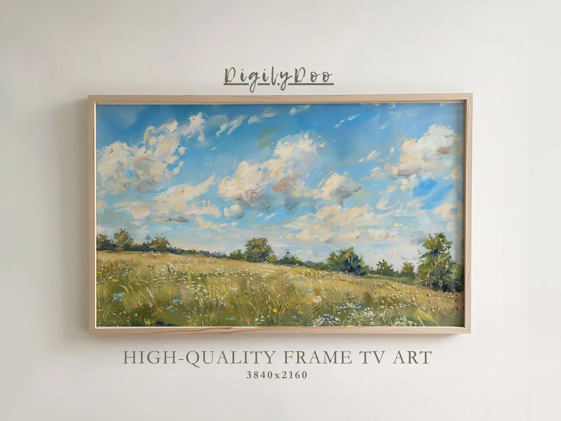 Sunlit Wildflower Meadow Blue Sky Impressionist Frame TV Print