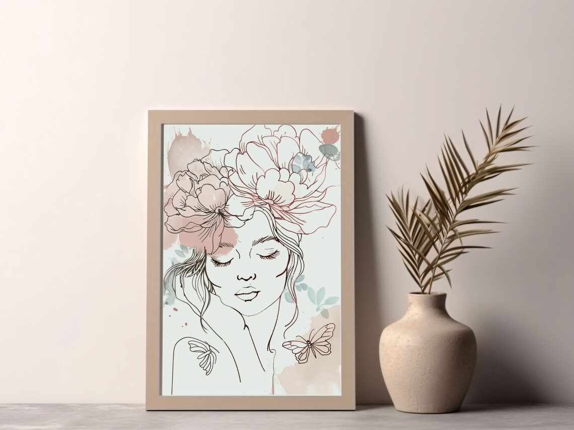 Woman Line Drawing Art Print, Minimalist Floral Hat - Image 2