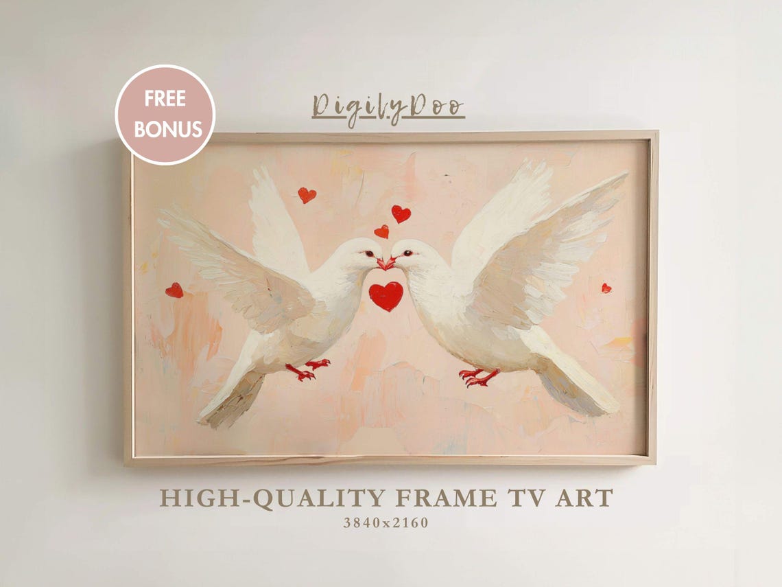 White Doves Kissing Red Hearts Romantic Valentine's Wall Art Print