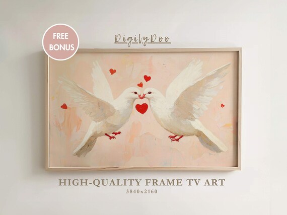 Valentines Day Frame Tv Art Vintage White Love Doves Kissing Painting Tv Decor Moody Romantic Screensaver Valentines Day