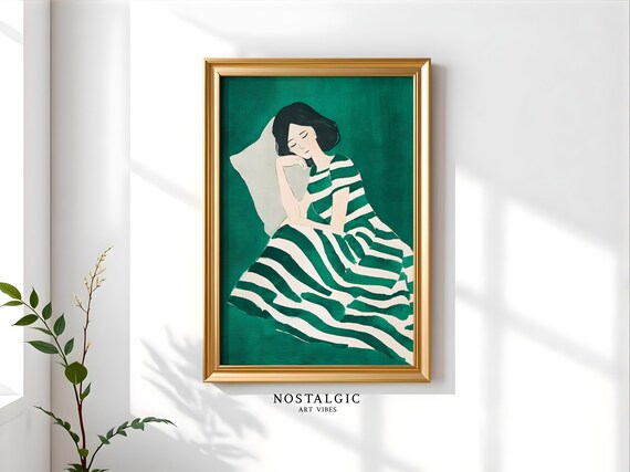 Woman in Striped Dress Resting Minimalist Green Artwork Poster