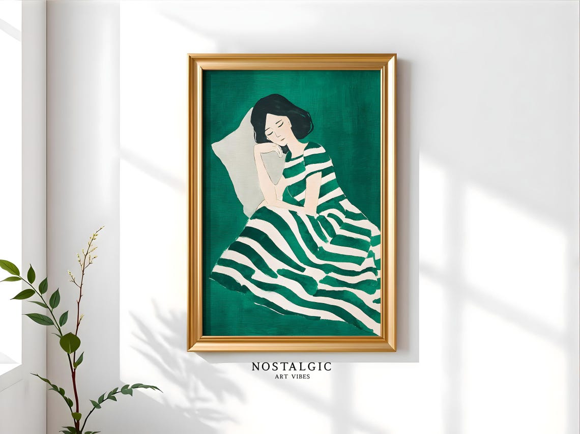 Striped Dress Woman Sleeping Wall Art Minimalist Woman Art Minimalist Girl Poster Emerald Green Wall Decor Cozy Minimalist Poster