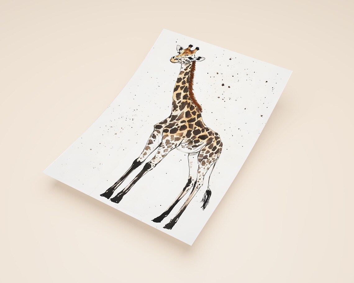Watercolor Giraffe Standing Nursery Animal Ink Drawing Poster - Image 2