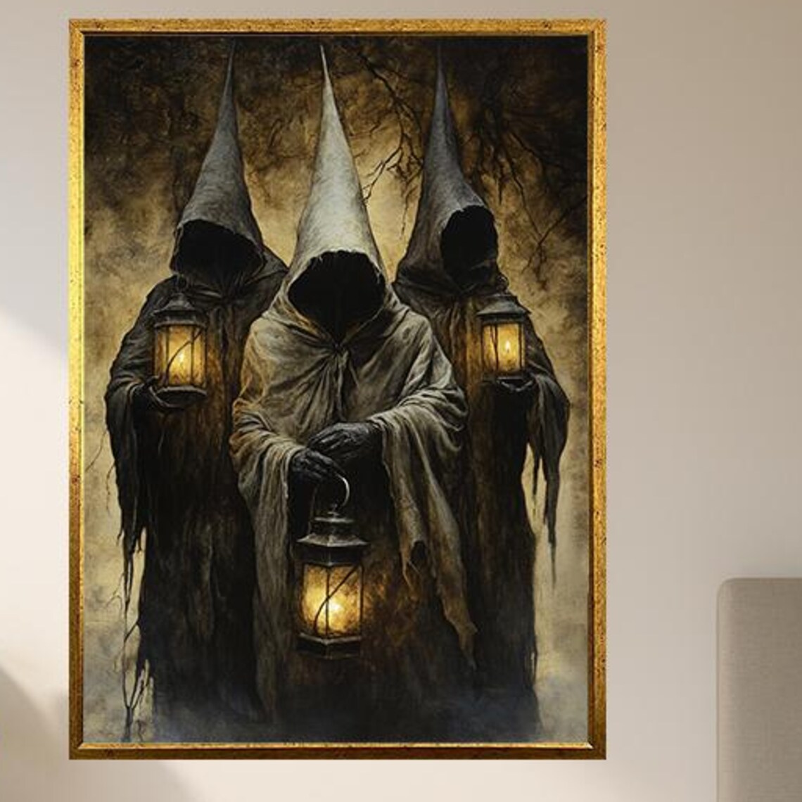 Dark Hooded Figures With Lanterns Gothic Fantasy Wall Art Print Featuring Three Mysterious Cloaked Spirits In A Haunted Forest
