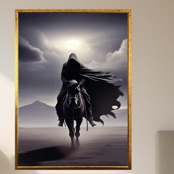 Dark Rider Moonlight Wall Art Mysterious Cloaked Horseman Painting Gothic Fantasy Poster For Themed Decor