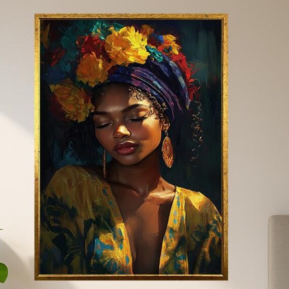 Black Woman With Yellow Flower Crown Colorful Portrait Art Poster