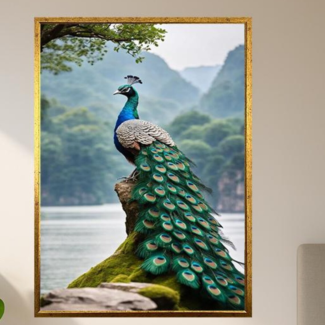 Majestic Peacock on Mossy Rock Mountain Lake Nature Art Poster