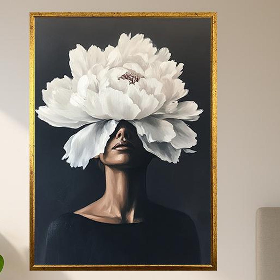 Woman With White Peony Covering Face Dark Floral Minimalist Poster