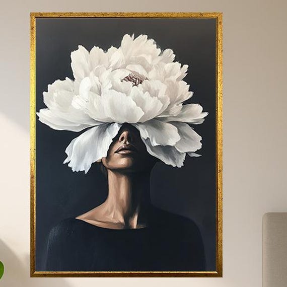 Elegant Woman With White Flower Art Print Modern Minimalist Feminine Portrait Wall Decor In Neutral Black And Tones