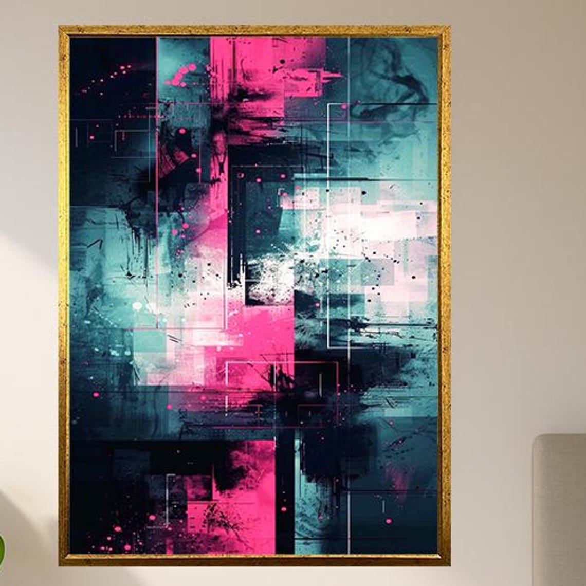 Neon Pink And Teal Geometric Abstract Cyberpunk Modern Art Poster