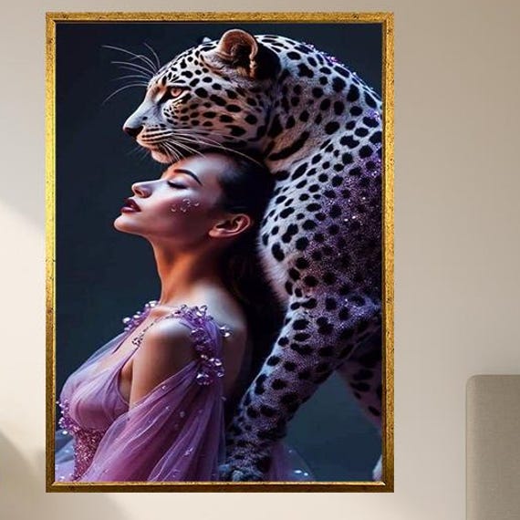 Elegant Woman And Leopard Wall Art Beauty Wild Power Painting Feminine Fantasy Poster For Fashion Nature Decor