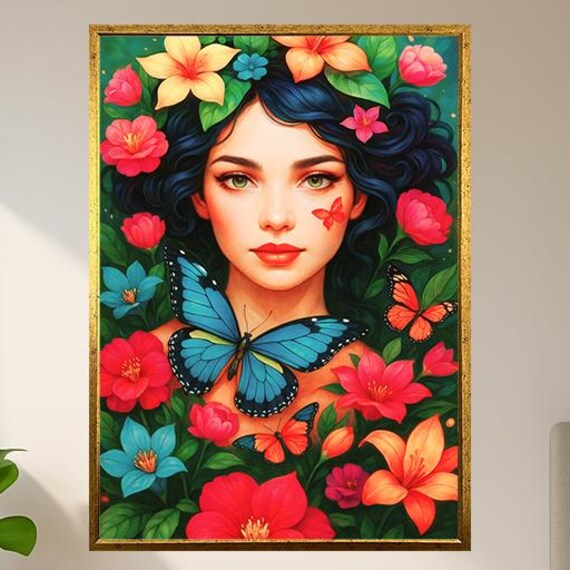 Floral Woman Portrait With Butterflies Art Vibrant Boho Female Wall Poster Nature Inspired Beauty Print For Creative Room Or Gift