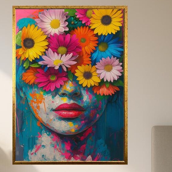 Colorful Flower Covered Face Portrait Vibrant Abstract Woman Art Print With Daisies And Bold Brush Strokes For Modern Wall Decor