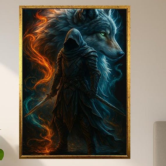 Shadow Warrior And Wolf Wall Art Dual Blade Hero Fantasy Painting Fire Ice Guardian Poster For Rpg Decor Lovers