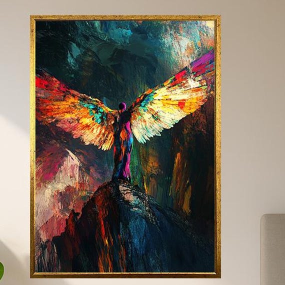 Colorful Angel Wings Wall Art Abstract Fantasy Figure With On Cliff Spiritual Surreal Canvas Print For Home Decor