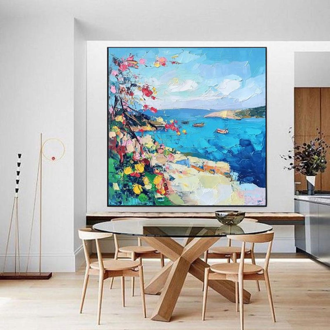 Mediterranean Coast With Blue Sea Flowering Tree Scene Painting Poster - Image 3