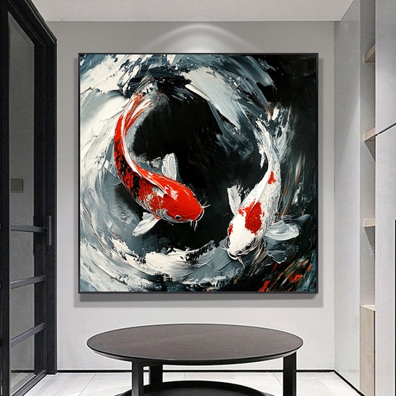 Abstract Koi Fish Oil Painting With Textured Thick Paint Two Fish Palette Knife Art For Living Room Entryway Dining Room