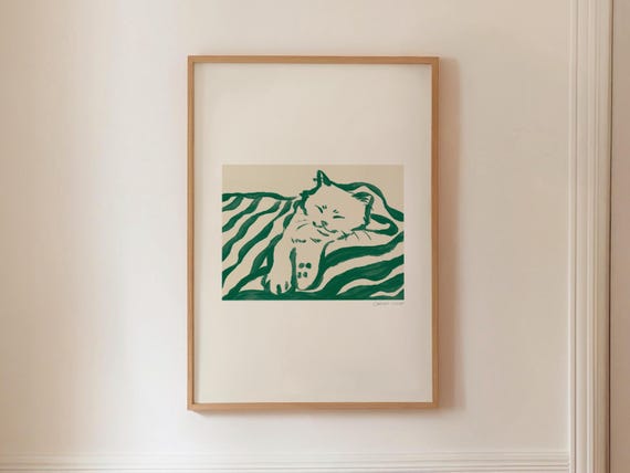 Resting Cat Mid Century Modern Wall Art Scandinavian Home Decor Maximalist Prints Green Abstract Painting Digital Printable Download