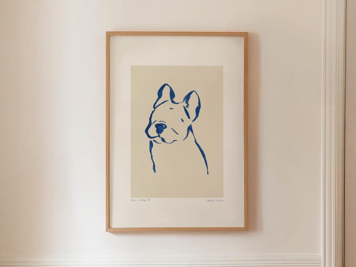 Blue Ink Dog Head Minimalist Modern Sketch Contemporary Art Poster