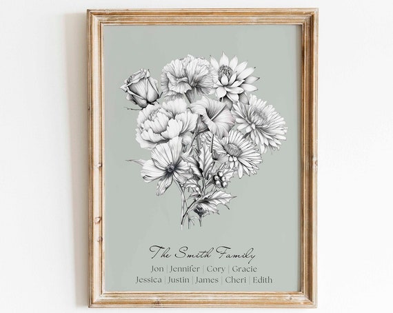 Custom Birth Flower Family Bouquet Line Art Print
