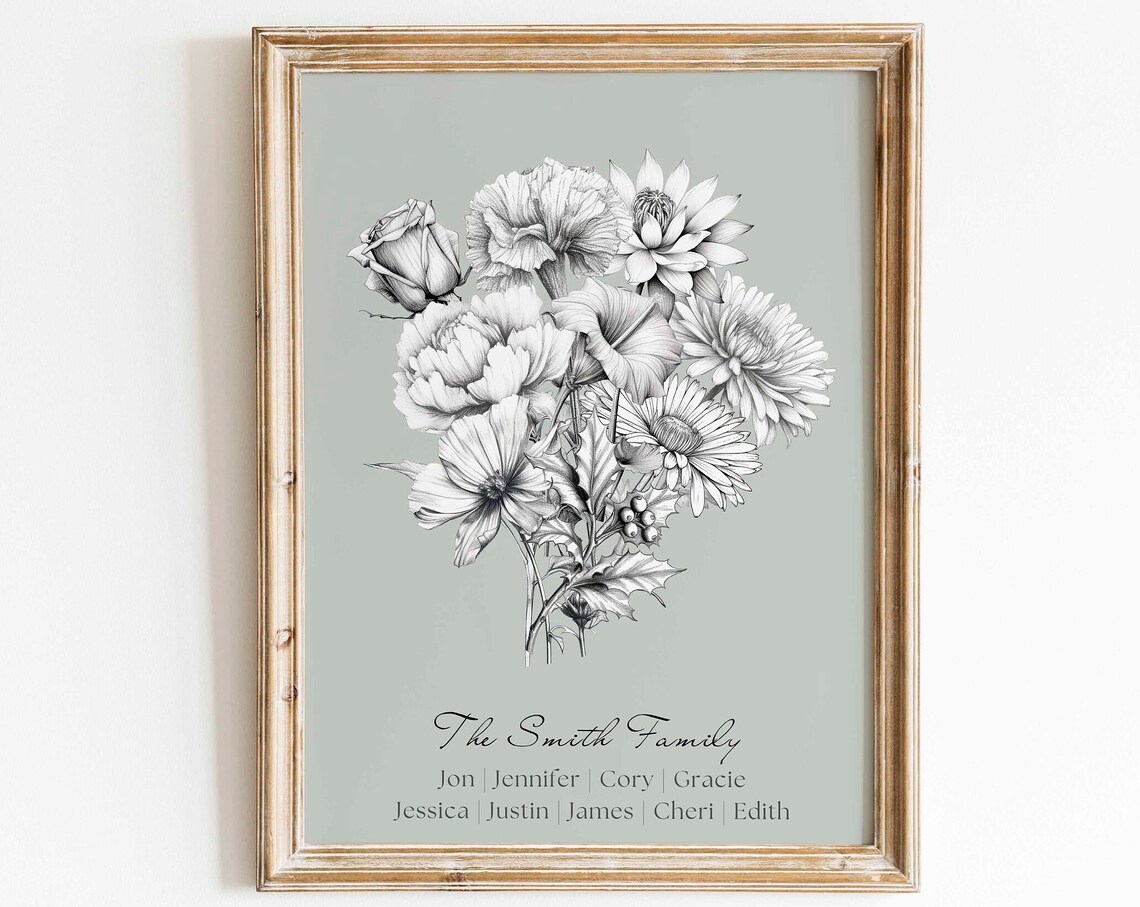Custom Birth Flower Family Bouquet Line Art Print