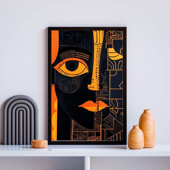 Geometric Abstract Portrait Bold Modern Face Art Orange And Black Wall Decor Contemporary Cubist Artwork