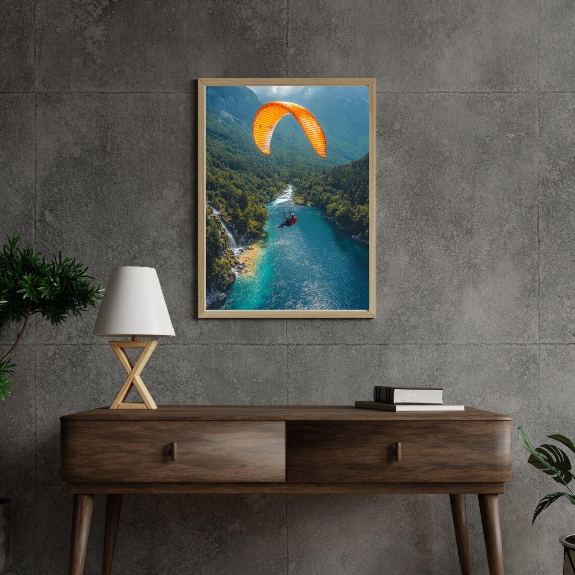 Paragliding Over Turquoise Mountain River Orange Canopy Adventure Poster - Image 2