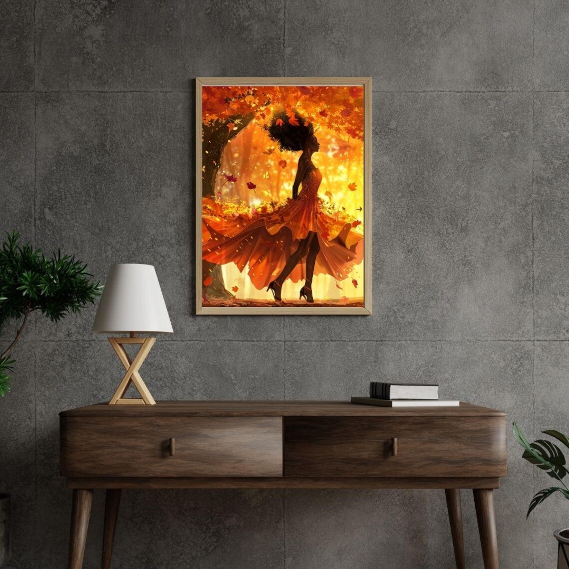 Autumn Woman In Flowing Orange Gown Among Fall Leaves Art Poster - Image 3