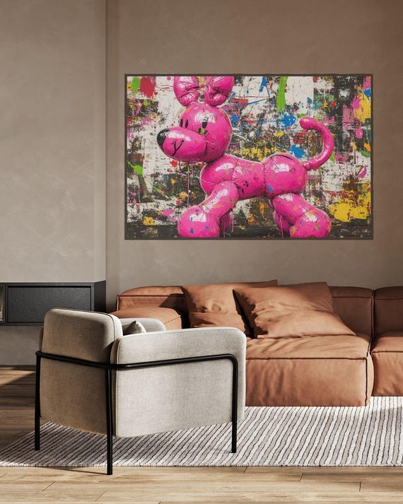 Vibrant Pink Balloon Dog Sculpture Art Abstract Street Graffiti Style Bold Modern Pop Art Colorful Splatter Wall Decor For Home