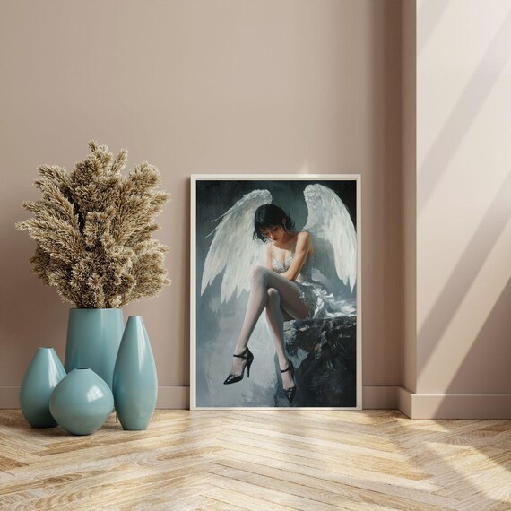 Melancholic Angel In White Dress Sitting Serene Winged Woman Art Poster