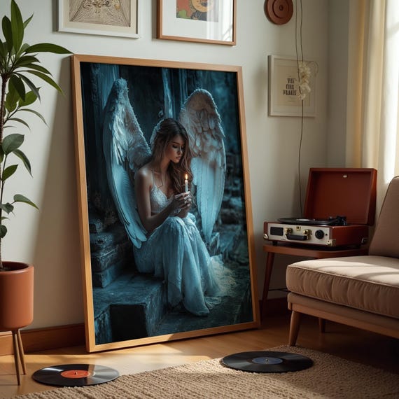 Angel Print Dreamy Fantasy Wall Art Serene Candlelight Angel Artwork Mystical Gothic Decor For Home