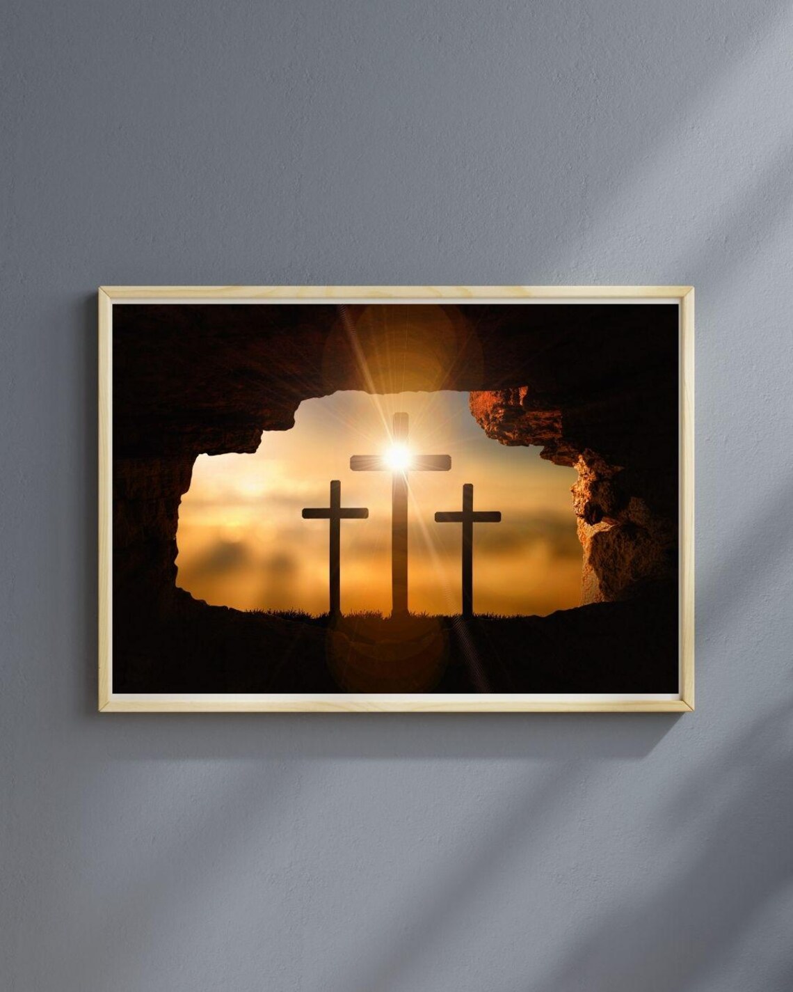 Easter Sunrise Three Crosses Print Empty Tomb Golden Light Christian Poster