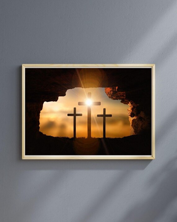 Easter Sunrise Three Crosses Print Empty Tomb Golden Light Christian Poster