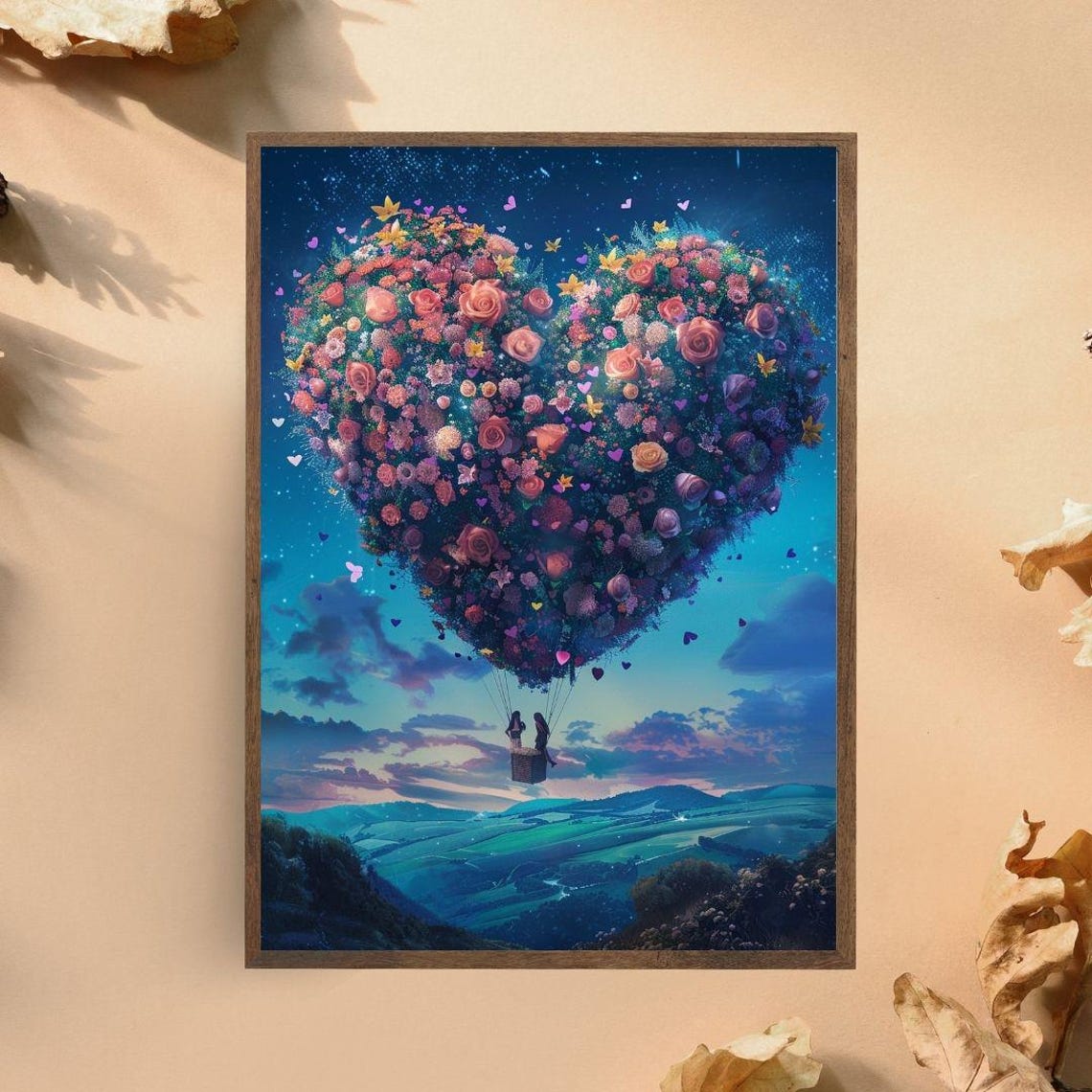 Heart Shaped Rose Hot Air Balloon Over Valley Romantic Gift Poster