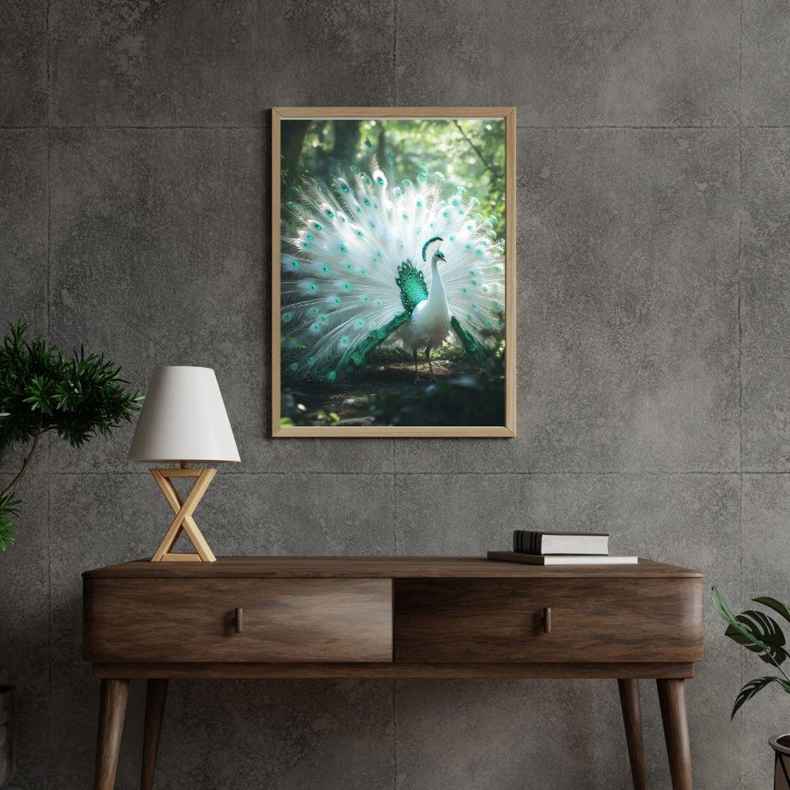 Majestic White Peacock Full Tail Green Forest Bird Art Poster - Image 3