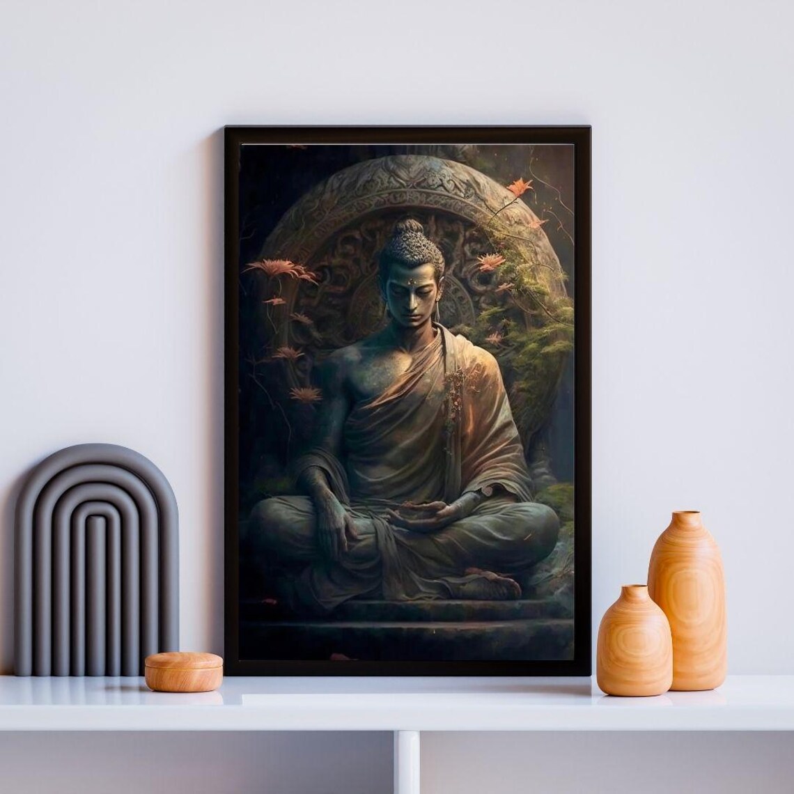 Tranquil Meditating Buddha Statue Zen Spiritual Dark Floral Wall Art Poster - Image 2