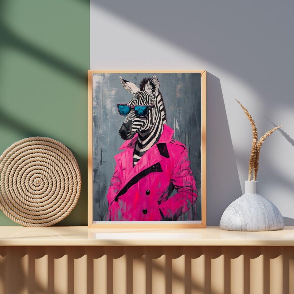 Zebra in Pink Trench Coat Sunglasses Quirky Fashion Animal Portrait Poster - Image 2