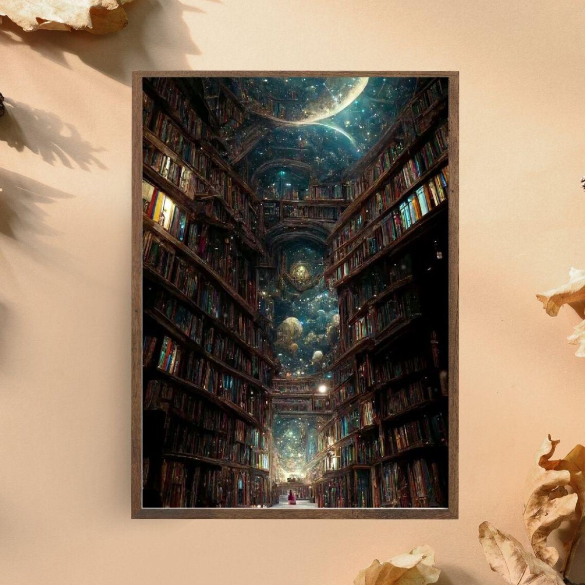 Cosmic Library Surreal Fantasy Bookshelves Under Starry Night Sky Art Print - Image 3