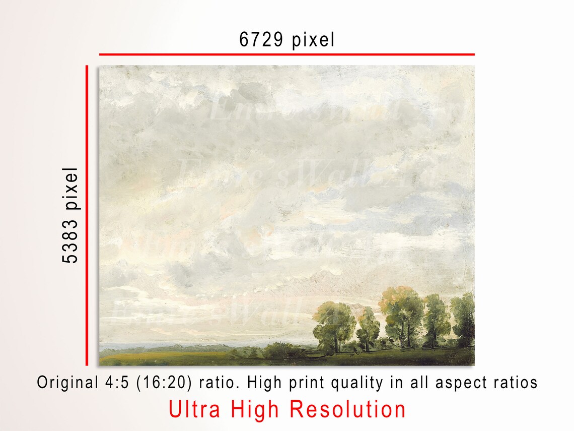 Vintage Cloud Landscape Painting, Rustic Farmhouse Art Print - Image 3