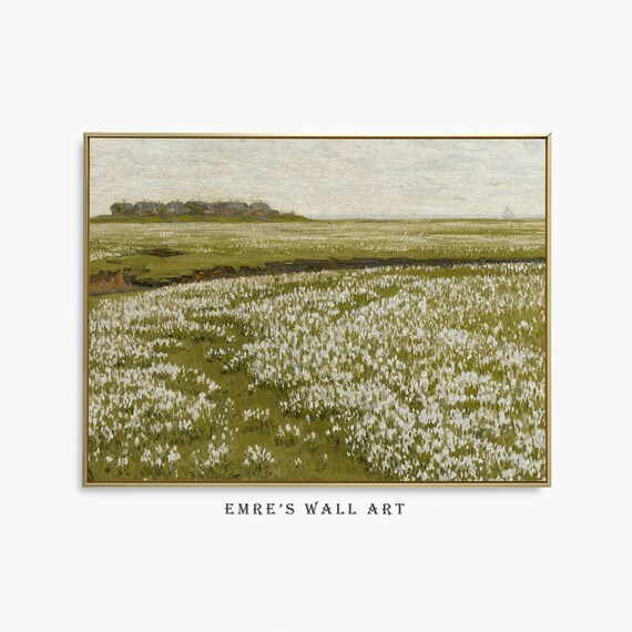 White Wildflower Field In Spring Bloom Vintage Landscape Poster