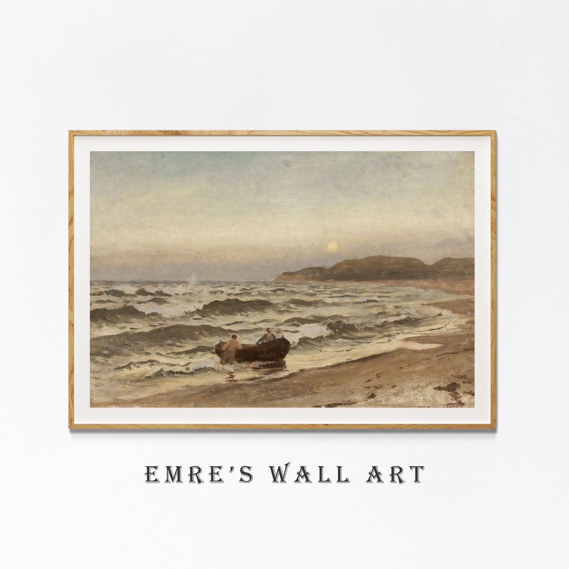 Fishermen Launching Boat Vintage Coastal Surf Sunset Scene Poster - Image 4