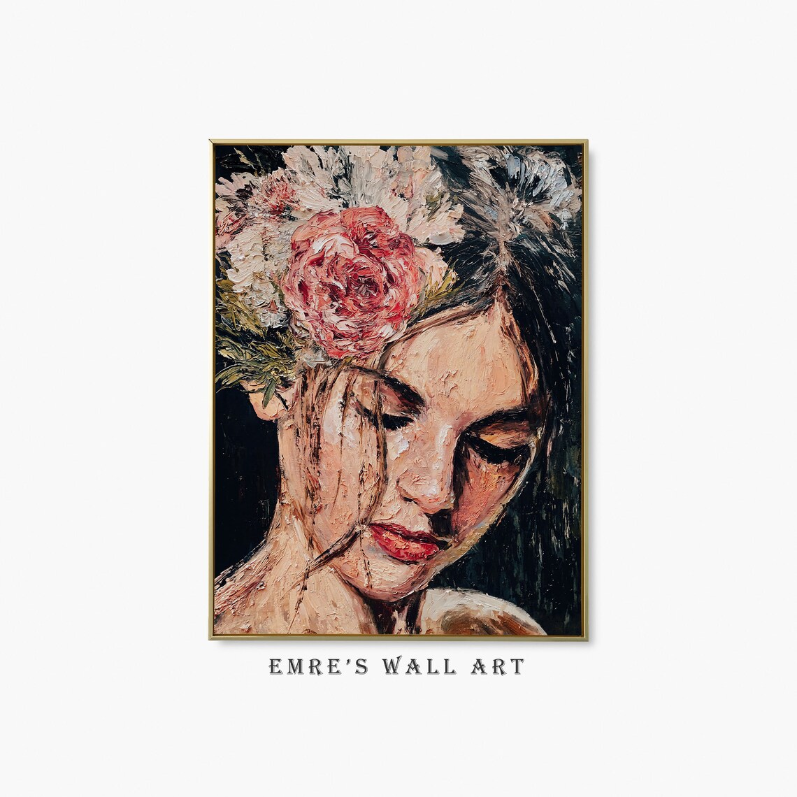 Vintage Woman With Flowers Art Print, Moody Portrait