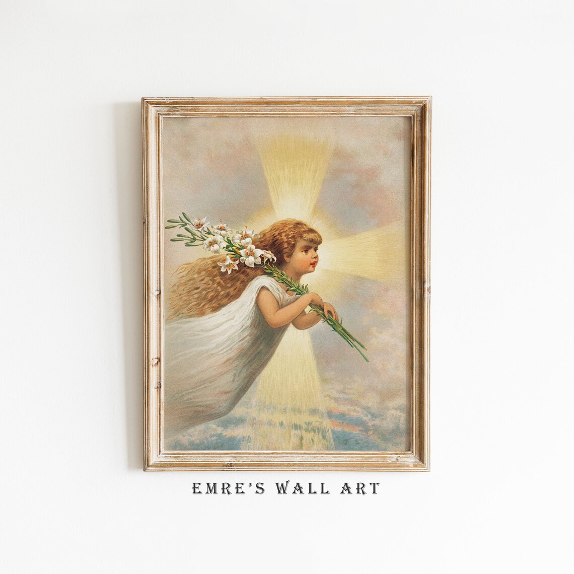 Vintage Christmas Angel Art Girl With White Lilies Golden Light Poster