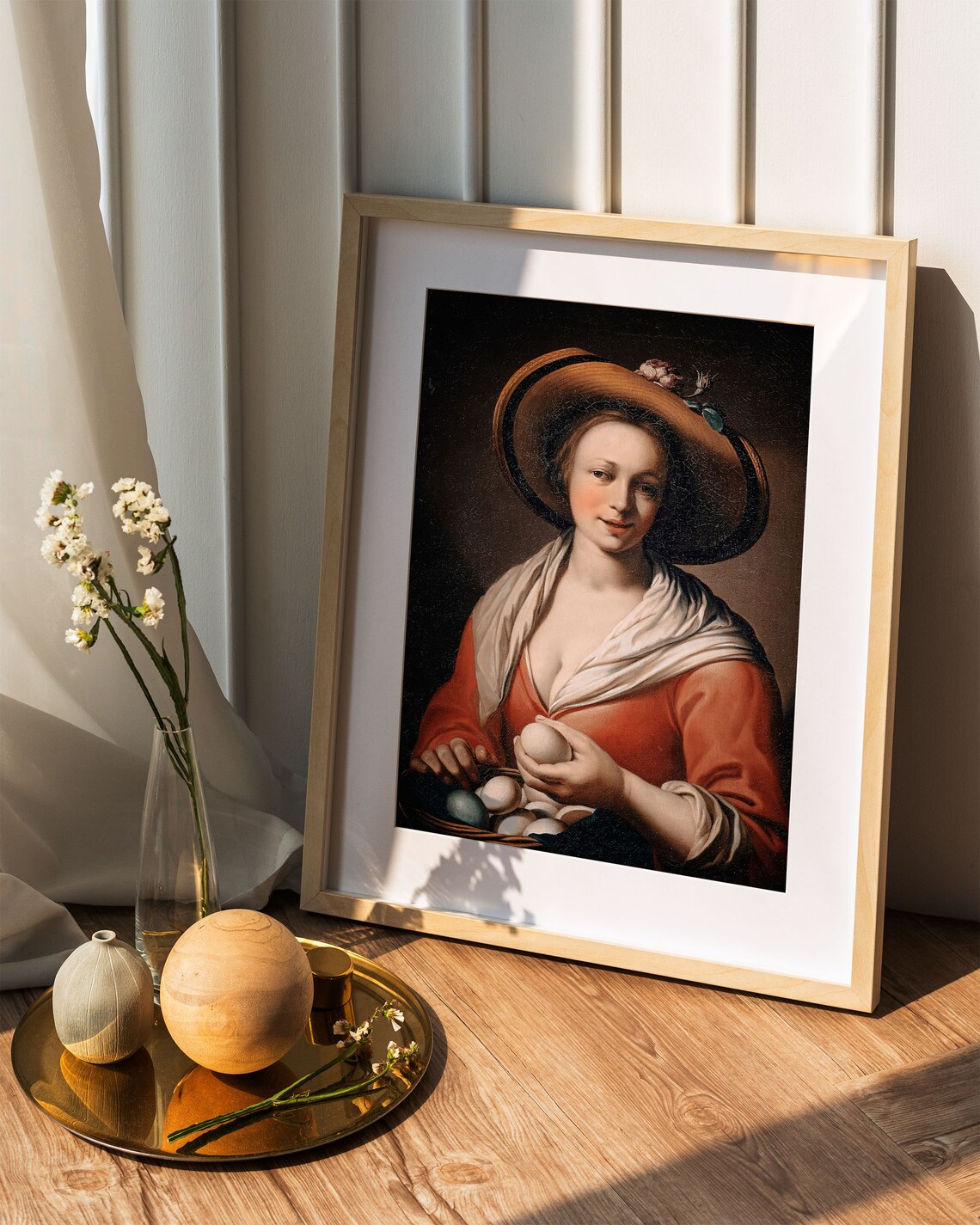 Woman Holding Eggs Wide Brim Hat Vintage Portrait Oil Painting Poster - Image 2