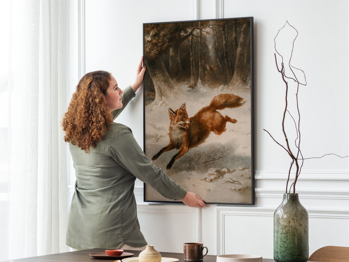 Red Fox Leaping In Snowy Forest Vintage Wildlife Painting Poster - Image 2