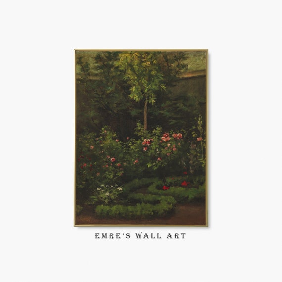Moody Rose Garden Artwork Country Cottage Oil Painting Vintage Farmhouse Wall Decor Spring And Summer Home Art