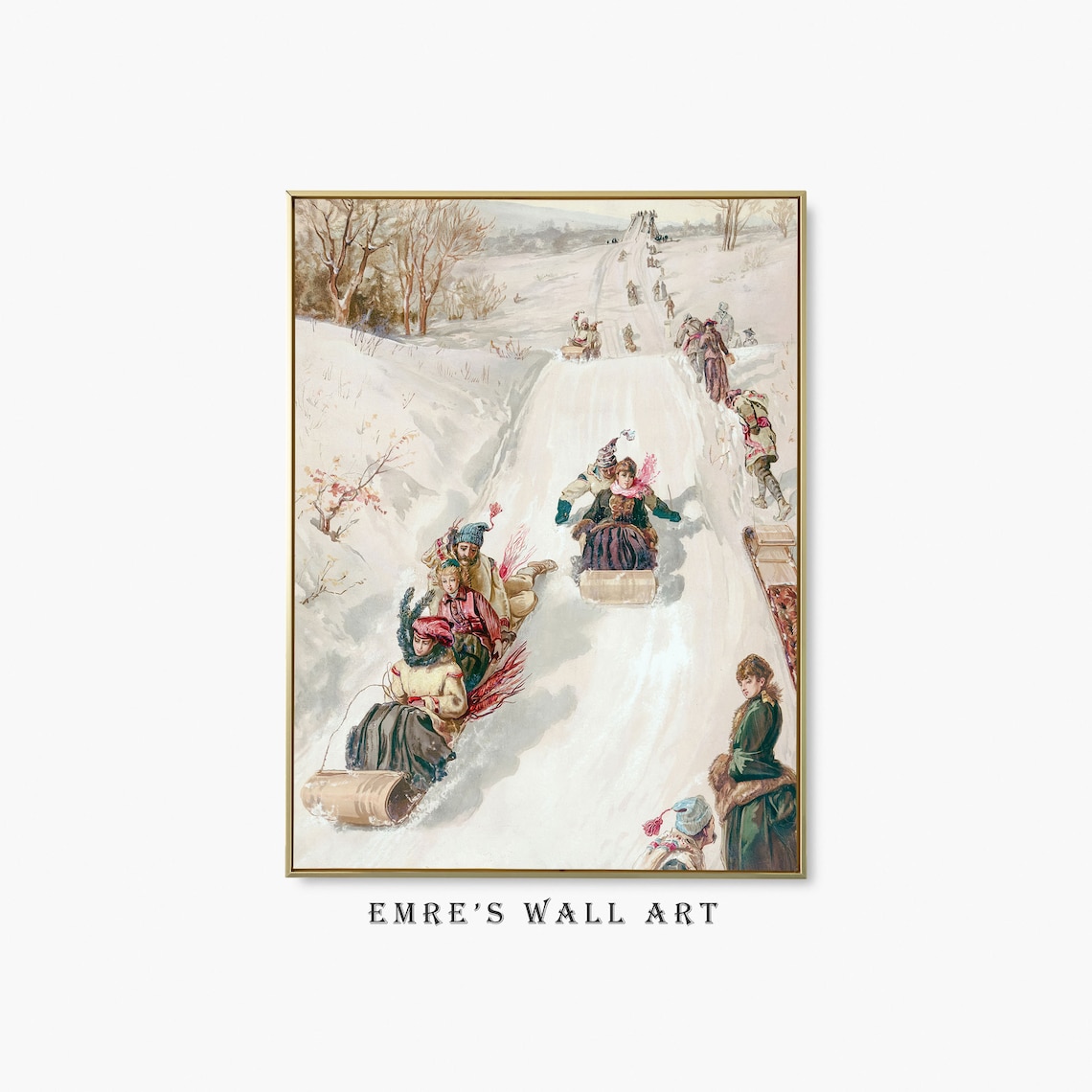 Victorian Toboggan Sledding Snowy Hill Winter Scene Fine Poster