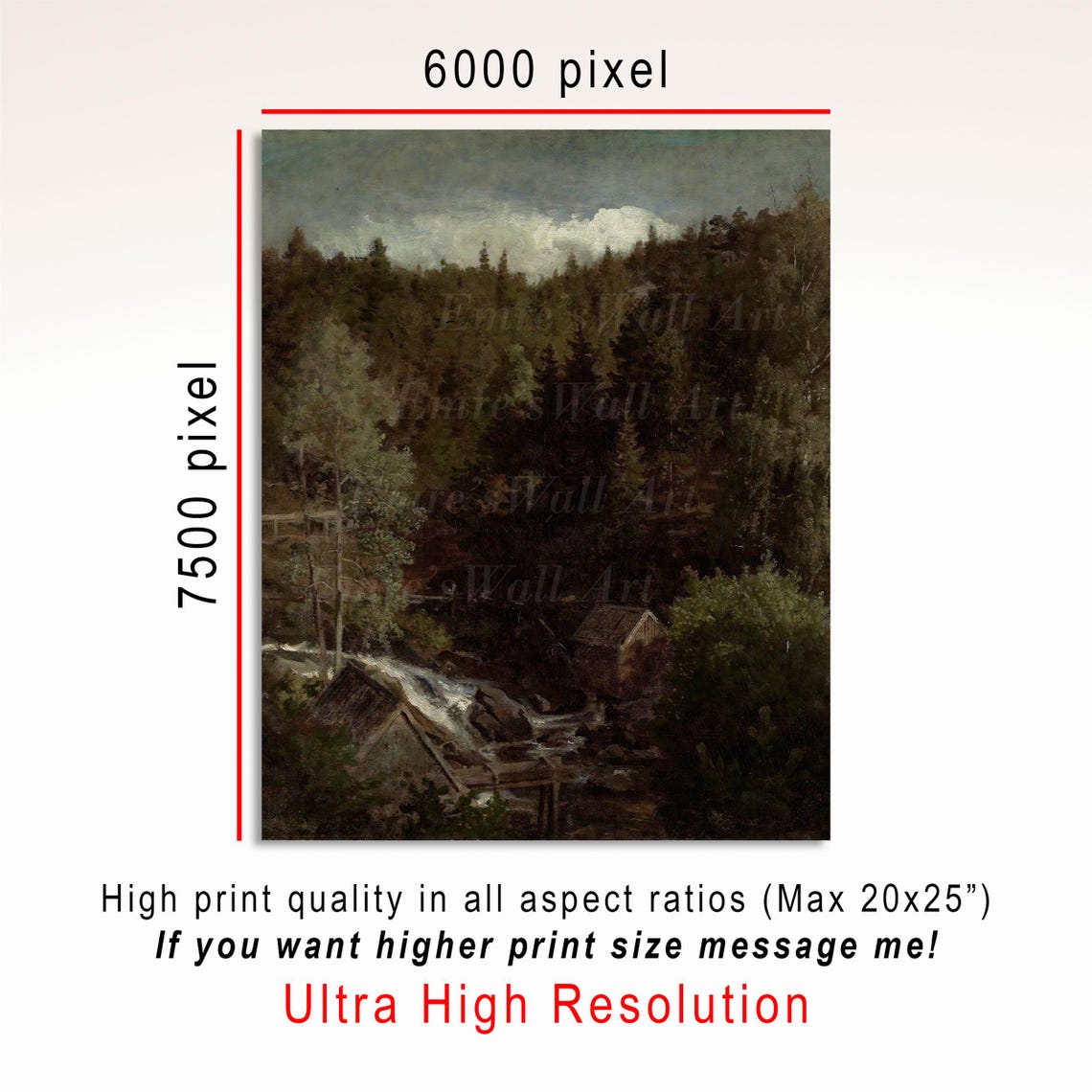 Dark Pine Forest Waterfall and Old Mill Moody Painting Poster - Image 3