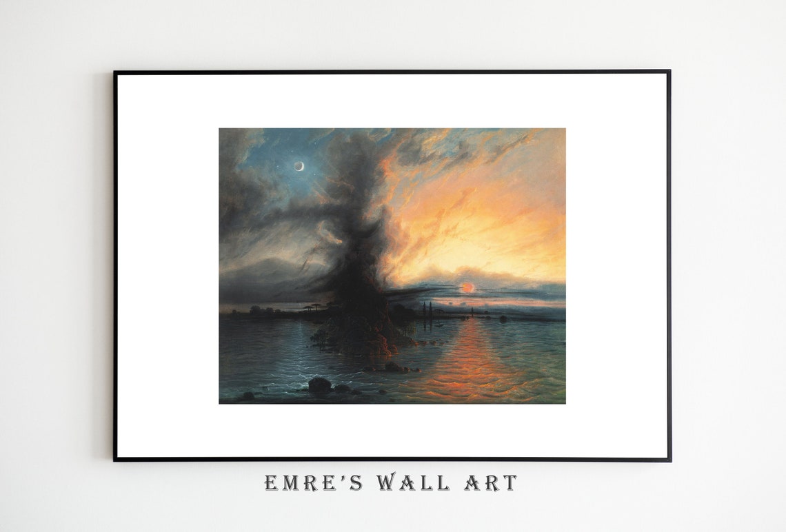Dramatic Sunset Over Water with Crescent Moon Stormy Seascape Poster - Image 2