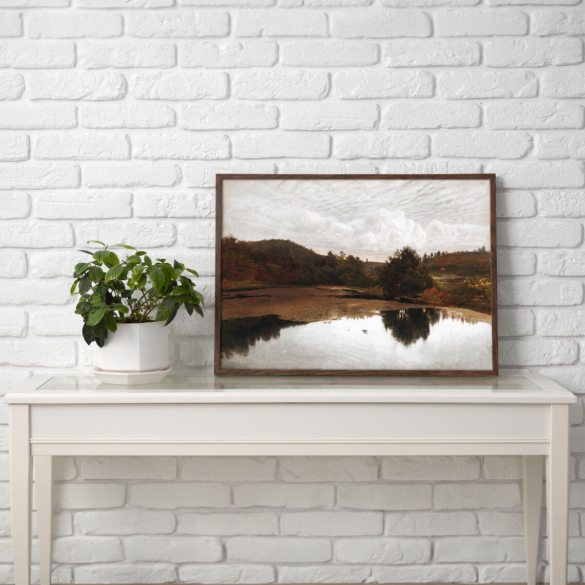 Mirror Still Autumn Lake Vintage Fall Landscape Reflection Painting Print - Image 2